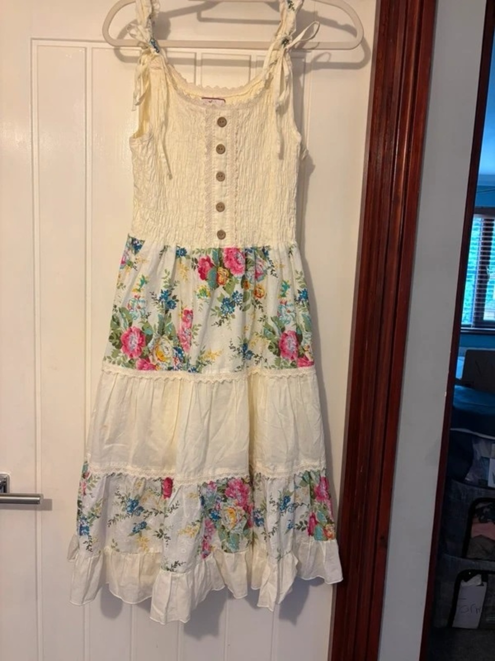 Cream Floral Tiered Midi Sundress with Button Smocked Bodice
